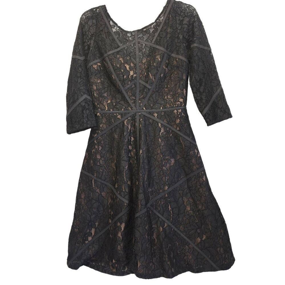 Aidan Mattox Black Lace 3/4 Sleeve Dress Size 8 Short Flare G3